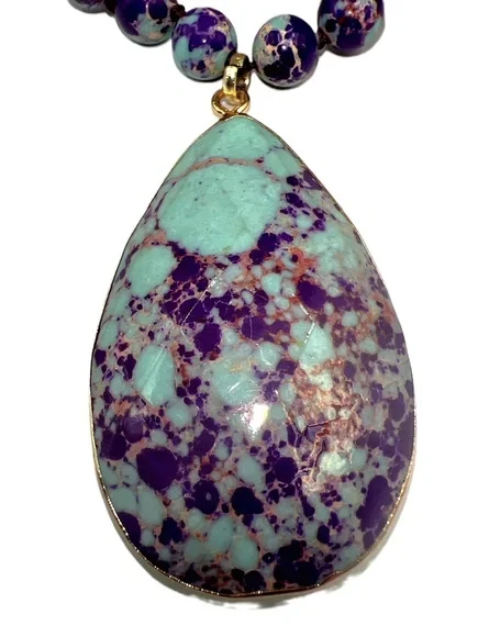 New Purple Teal Colored Stone & Glass Beaded Pendant Necklace - Picture 5 of 15